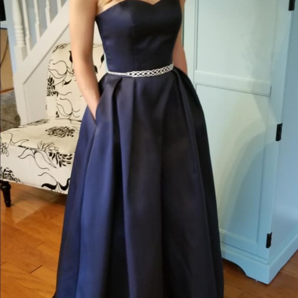 Navy blue prom dress - pockets - rhinestone belt